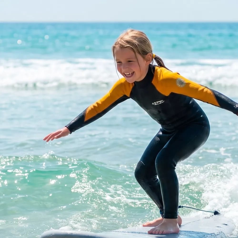 Enfant debout sur sa planche pendant un cours de surf à Essaouira — école Windy Essaouira